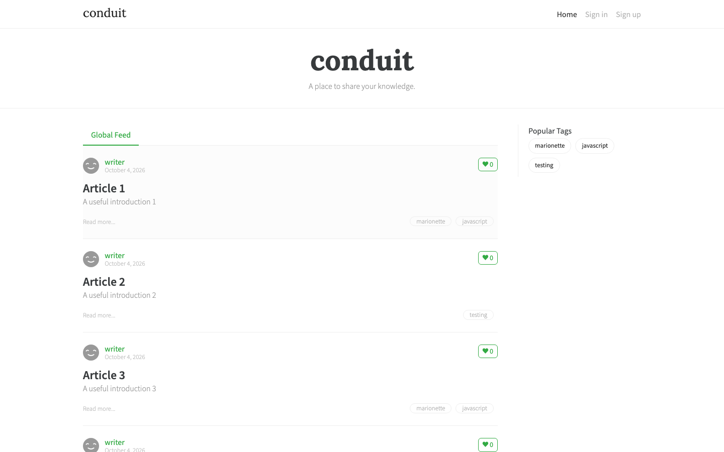 Conduit desktop home feed with article previews, Global Feed selected, and Popular Tags.