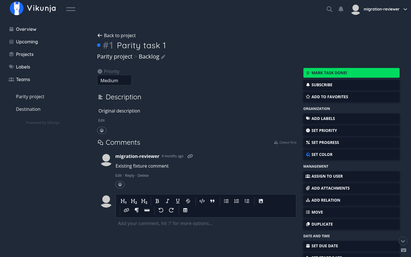 Vikunja task details in dark theme, with project navigation, description, comments, an editor and task actions.